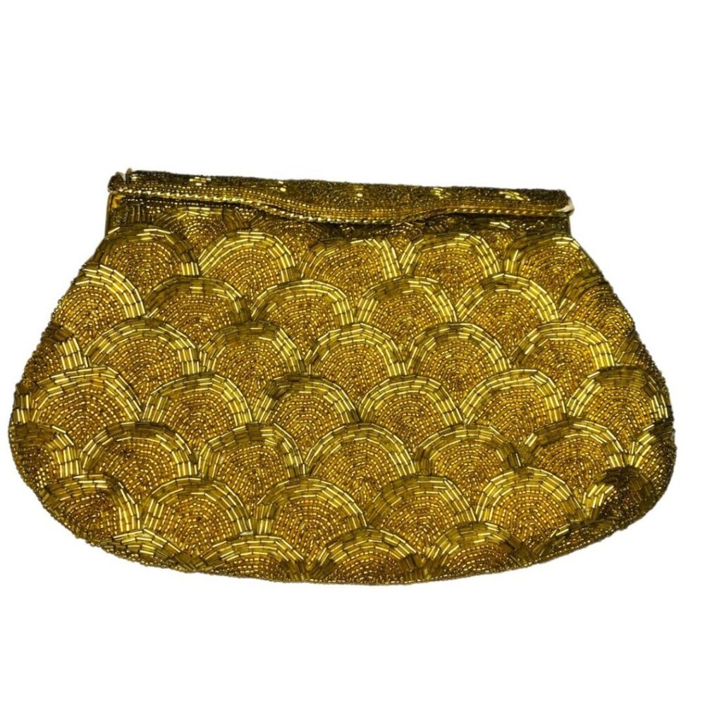 Goldtone Beaded Handbag Convertible Clutch‎ with Chain Strap Evening Bag